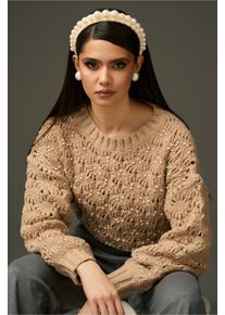Pulover casual din tricot bej cu perle