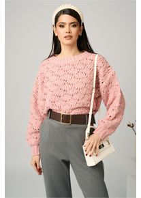 Pulover casual din tricot roz cu perle