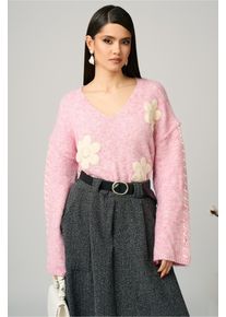 Pulover casual din tricot roz cu flori brodate