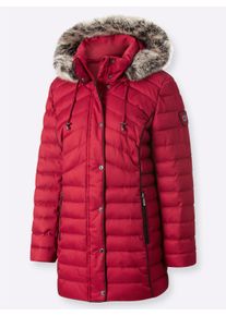 Dames Gewatteerde jas met afneembaar imitatiebont in rood/kers gedessineerd ,maat 18, WITT, 100% Polyester. Imitatiebont: 87% Polyacryl, 13% Polyester