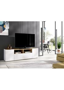 Dmora - Meuble TV Dcotal, Buffet bas pour le salon, Buffet TV pour le salon, 142x35h44 cm, Blanc et Chêne Nodi