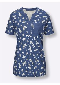 wäschepur Dames Pyjama-Shirt in jeansblauw/ecru bedrukt ,maat 36/38, Witt, 100% Katoen
