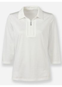 Dames Poloshirt met kanten rand in ecru ,maat 38, WITT, 62% Katoen, 38% Polyester