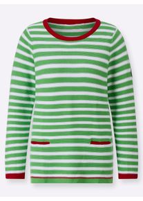 Damen Pullover mit Kontrast-Details, geringelt in apfel-weiß-gestreift ,Größe 44, WITT, 100% Baumwolle