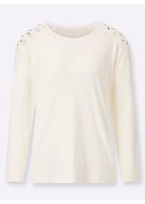 Dames Shirt met lange mouwen en raster op de schouders in ecru ,maat 36, WITT, 95% Katoen, 5% Elastan