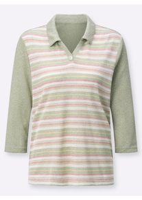 Dames Shirt in boucl&eacute;kwaliteit in lindegroen/flamingo gestreept ,maat 40, WITT, 75% Polyester, 25% Viscose
