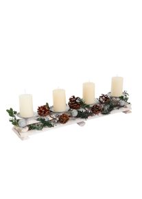 Adventsgesteck HWC-M12 mit Kerzenhaltern, Adventskranz Weihnachtsdeko Holz silber weiß 18x49x13cm ~ mit Kerzen