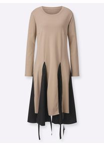 Dames Puntige jurk met contrastkleurige godet-inzetten in sesam/zwart ,maat 40, WITT, 100% Katoen