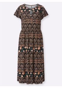 Dames Jerseyjurk met elastiek op taillehoogte in papaja/zwart bedrukt ,maat 38, WITT, 95% Viscose, 5% Elastan
