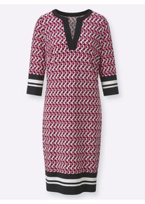 Damen Jerseykleid mit 3/4-&Auml;rmeln in rot-schwarz-bedruckt ,Gr&ouml;&szlig;e 36, WITT, 95% Polyester, 5% Elasthan