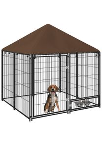 PawHut Outdoor Dog Kennel Puppy Play Pen with Canopy Garden Playpen Fence Crate Enclosure Cage Rotating Bowl 141 x 141 x 151 cm | Aosom Ireland