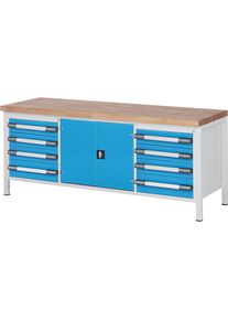 Werkbank, Gestellbauweise Serie 8000, 8 Schubladen, 1 Türfach, BxT 700 x 2000 mm eurokraft pro