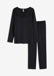 Pyjama mit zarter Spitze - schwarz - Größe 36/38 (S) - 100% Baumwolle- bonprix