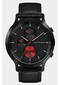Men's Chronograph Watch - Black Red - Surgical Steel Case, Sapphire Glass, Black Leather Strap - Date Display - 42mm , Quartz Movement by Ronda -