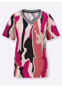 Dames Shirt met korte mouwen en gestreepte ripsband in zwart/pink geprint ,maat 38, WITT, 100% Katoen