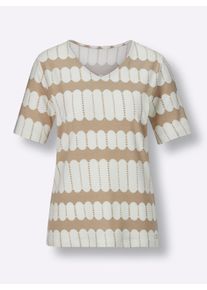 CREATION L PREMIUM Dames Shirt met korte mouwen van ademend materiaal in beige/wit geprint ,maat 38, Witt, 96% Lyocell, 4% Elastan