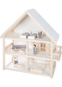 Roba® Puppenhaus, Mit 4 Puppen Und 24 Einrichtungsteilen beige, 3-stöckiges Puppenhaus aus Massivholz und MDF