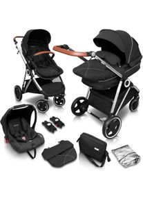 BABYGO Kombi-wagen »Halime 3In1, Anthracite Silver«, Inklusive Babywanne, Babyschale, Regenhaube & Wickeltasche schwarz, Kombikinderwagen-Set...