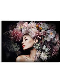Reinders! Glasbild »Glasbild Frau Mit Blumenhut Frau - Schmetterling - Strauß - Romantik«, Menschen, (1 St.) bunt, Größe B/H: 70 cm x 50 cm B/H: 70...