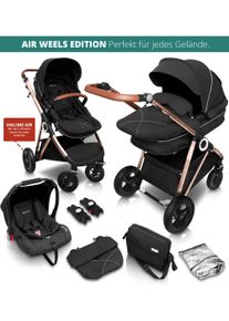 BABYGO Kombi-wagen »Halime Air 3In1, Anthracite Gold«, Mit Luftreifen, Inkl. Babywanne, Babyschale, Regenhaube & Wickeltasche schwarz,...