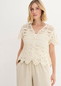 Sweter rozpinany szydełkowy, beżowy, 52/54, bonprix