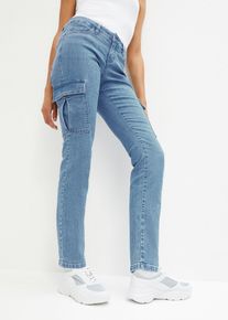 Cargojeans i rak modell med tvättad look - blå - storlek 34 - bonprix