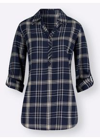 Dames Flanellen blouse met opstroopbare mouwen in marine/wit geruit ,maat 36, WITT, 100% Katoen