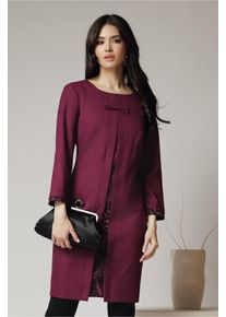 Rochie office din stofa mov cu funda la bust si imprimeu