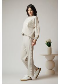 Pantaloni casual din bumbac bej cu dantela pe laterale