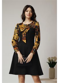 Rochie Ella Collection Andrada office din stofa neagra cu funda si imprimeu galben
