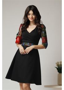 Rochie Ella Collection Adria eleganta din stofa neagra cu dantela traditionala colorata