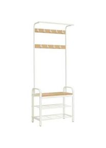 Boxxx Garderobenständer , Weiß, Eichefarben , Metall, Holzwerkstoff , 72x183x33.7 cm , Schuhablage, standfeste Füße, Jackenhalter, integrierte Sitzfläche , Kleinmöbel