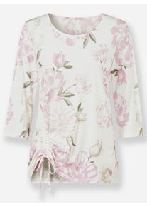 Dames Shirt met 3/4-mouwen en rimpeling in ecru/roze geprint ,maat 36, WITT, 95% Polyester, 5% Elastan