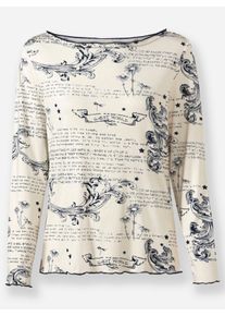 Dames Shirt met lange mouwen en letterprint in champagne/marine bedrukt ,maat 36, WITT, 95% Viscose, 5% Elastan