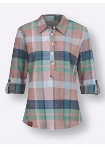Dames Flanellen blouse met korte knoopsluiting in jade/hortensia geruit ,maat 36, WITT, 100% Katoen