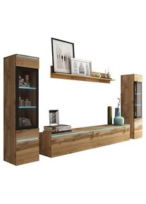 P & B Wohnwand , Eiche Wotan , Glas, Holzwerkstoff , 4-teilig , 6 Fächer , kaltweiß , 240x130x33 cm , Fsc, Made in EU , stehend, hängend, Beleuchtung,
