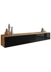 P & B Lowboard , Eiche Wotan, Schwarz Hochglanz , Holzwerkstoff , kaltweiß , 180x30x33 cm , Fsc, Made in EU , stehend, hängend, Beleuchtung, in