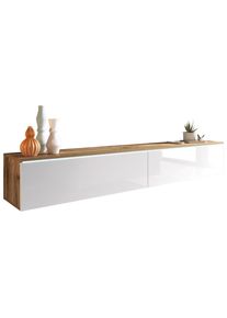 P & B Lowboard , Eiche Wotan, Weiß Hochglanz , Holzwerkstoff , kaltweiß , 180x30x33 cm , Fsc, Made in EU , stehend, hängend, Beleuchtung, in