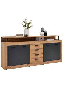 Xora Sideboard , Anthrazit, Eiche Artisan , Kunststoff , 2 Fächer , 4 Schubladen , 195x88x38 cm , Kleinmöbel, Kommoden, Sideboards