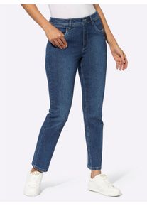 Dames Jeans met contrastborduursel op de achterzakken in blue-stonewashed ,maat 19, WITT, 99% Katoen, 1% Elastan