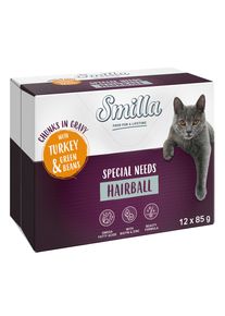 12x85g Smilla verse zakjes Adult Hairball Hapjes in Saus Kalkoen en Sperziebonen met Groenten
