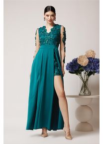 Rochie Ella Collection Vanessa lunga eleganta din tafta verde cu flori 3D