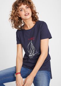 Katoenen T-shirt met print en zijsplitten - blauw - maat 60/62 (4XL) - 100% katoen - bonprix