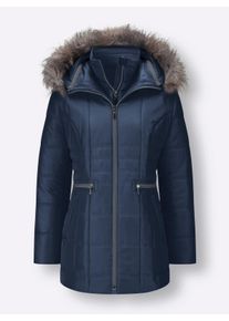 Dames Gewatteerde jas met afneembare capuchon in donkerblauw ,maat 54, WITT, 100% Polyester. Imitatiebont: 88% Polyacryl, 12% Polyester. Wattering: 