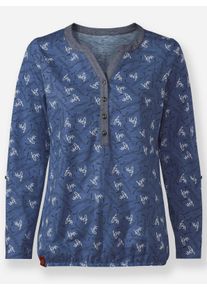 Dames Shirt met opstroopbare mouwen, bedrukt in jeansblauw/marine bedrukt ,maat 40, WITT, 100% Katoen