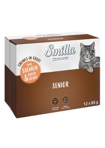 12x85g Smilla Verse Zakjes Senior Hapjes in Saus met Zalm en Sperziebonen
