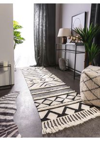 benuta Pure Wollen Vloerkleed Loper Billie Zwart/Wit 70x200 cm - Kelim Vloerkleden