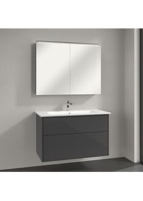 Villeroy & Boch Villeroy & Boch Finero Badmöbel Set 100 cm, Glossy Grey Waschtisch mit Waschtischunterschrank und Spiegelschrank