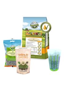 Ruokasetti suurille koirille, joilla on ruoansulatusongelmia - Naturgut-Schmaus 4 kg + Landgut-Happen 200 g + Shiimun Gastro 120 g + 1 Bellfor koiranruokamittakuppi