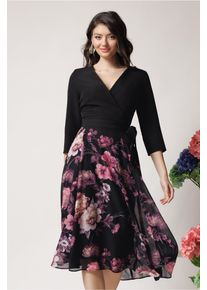 Rochie DY Fashion office din stofa si voal neagra cu imprimeu pe fusta